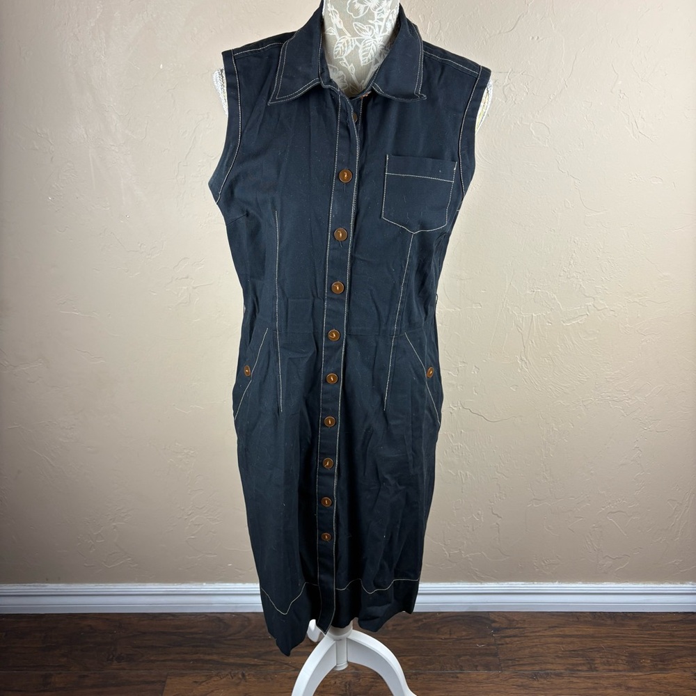 Spanner MIDI Sleeveless Shirtdress Button Front Black Pockets Women’s size 10